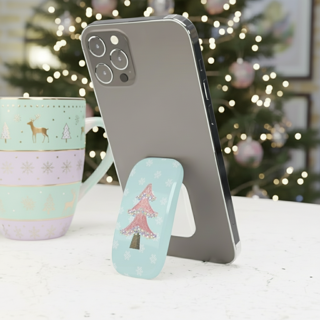 Pink Glitter Christmas Tree Phone Grip — Holiday Phone Stand & Click-On Grip