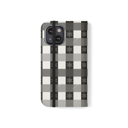 Black Buffalo Check Flip Phone Case — Plaid Wallet Flip Case with Card Slots