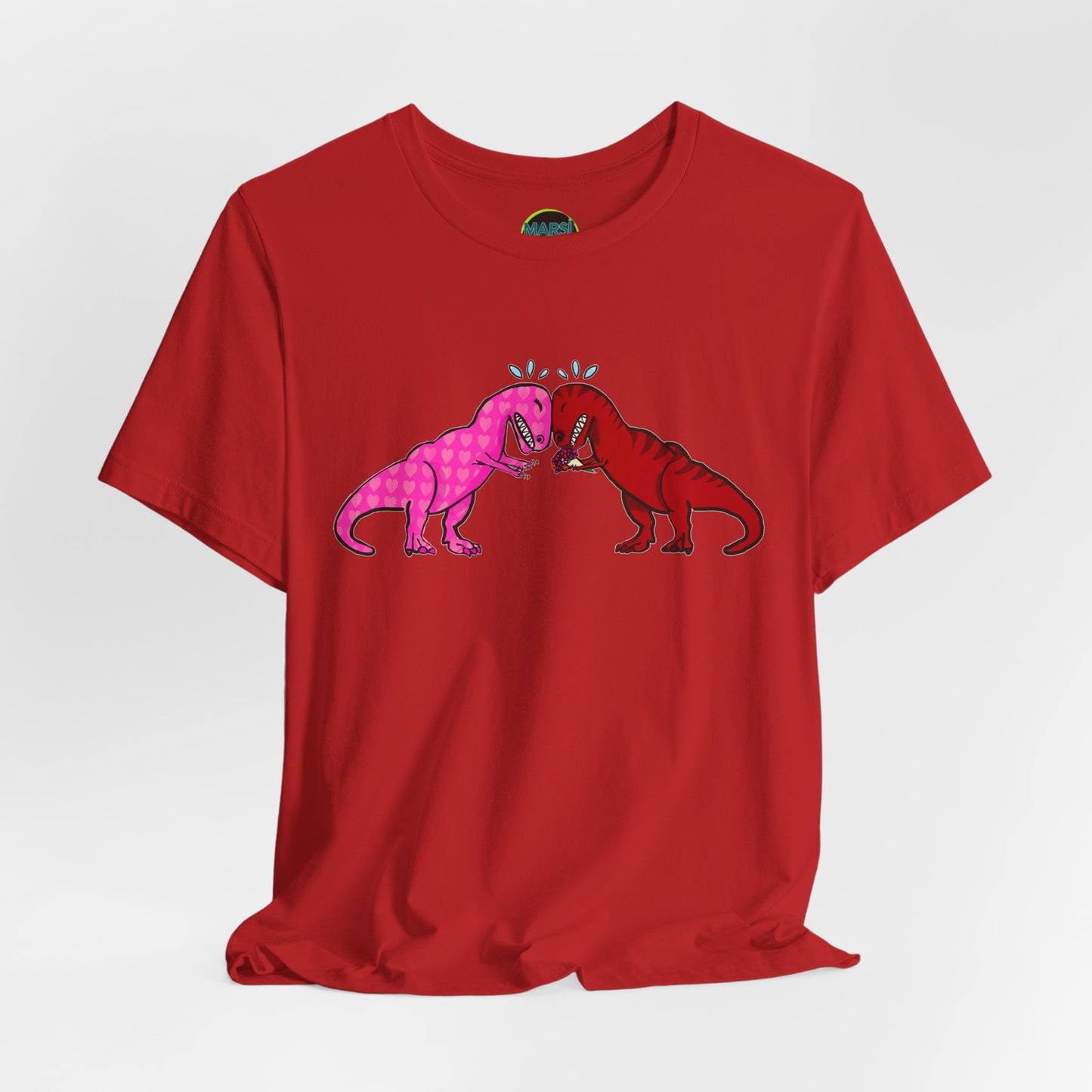 T-Rex Love Graphic Tee — Pink & Red Dinosaur Kiss Shirt