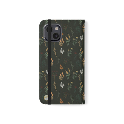 Botanical Floral Flip Phone Case — Dark Green Wallet Cover