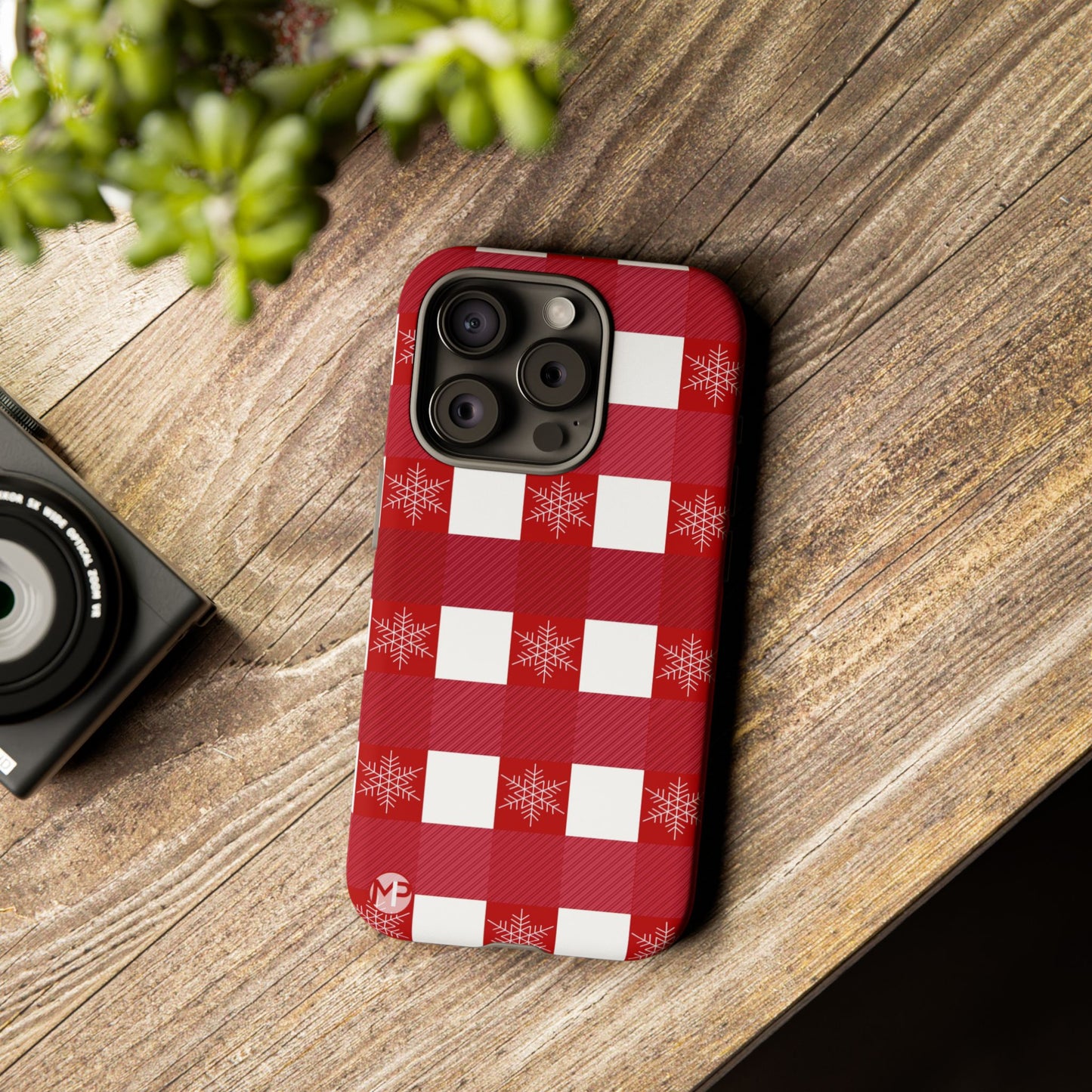 Holiday Red Buffalo Plaid Tough Phone Case — Snowflake Pattern