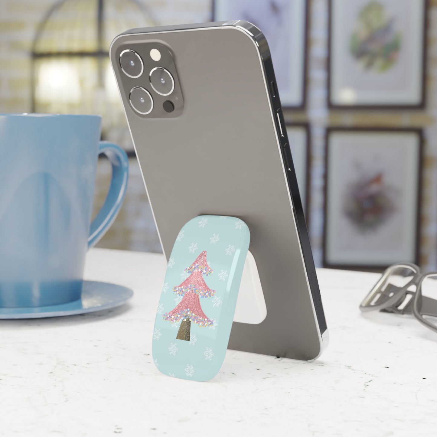 Pink Glitter Christmas Tree Phone Grip — Holiday Phone Stand & Click-On Grip