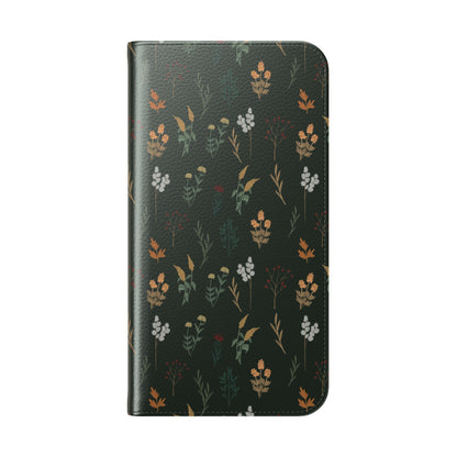 Botanical Floral Flip Phone Case — Dark Green Wallet Cover