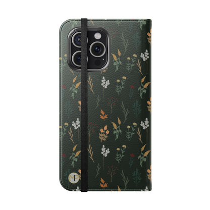 Botanical Floral Flip Phone Case — Dark Green Wallet Cover