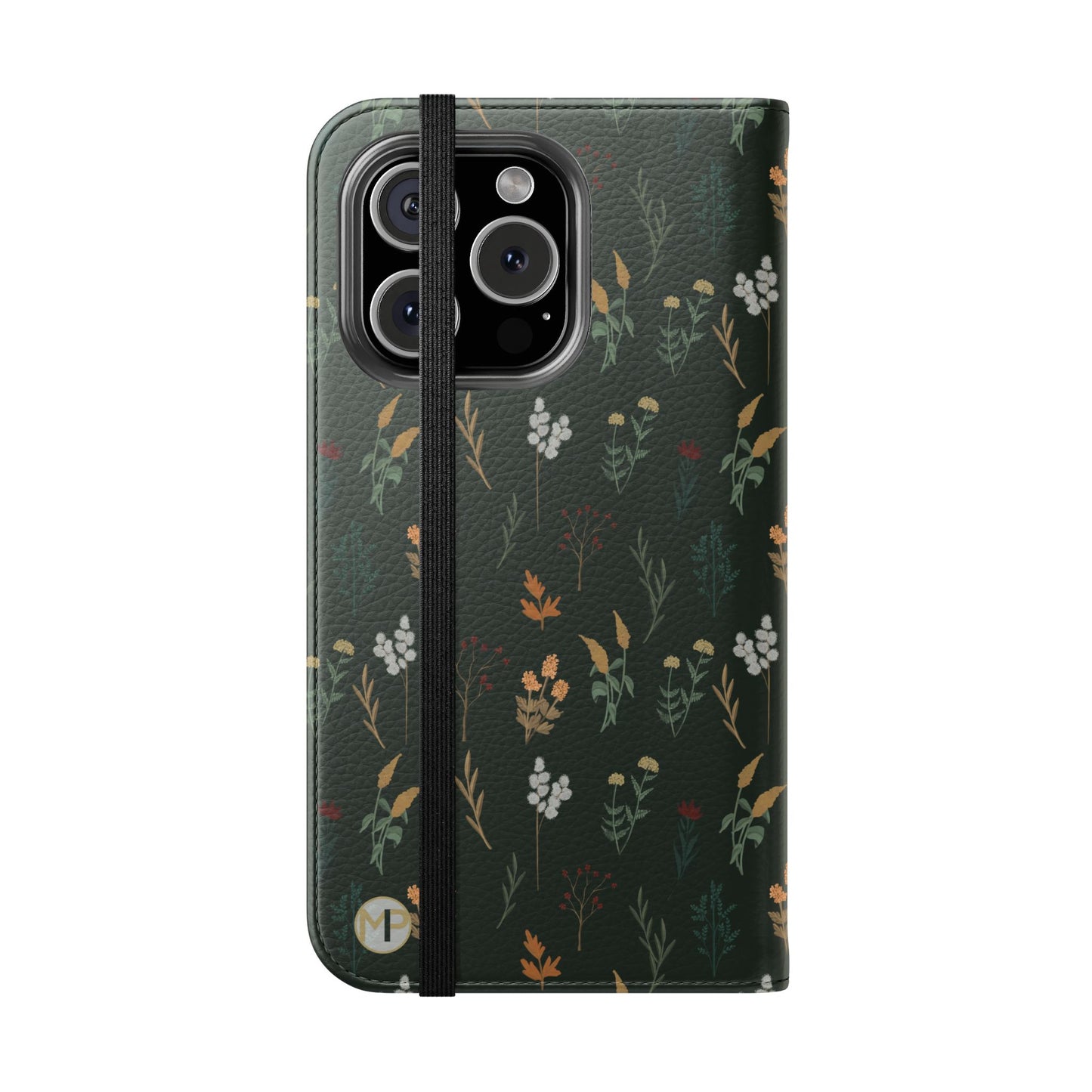 Botanical Floral Flip Phone Case — Dark Green Wallet Cover