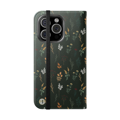 Botanical Floral Flip Phone Case — Dark Green Wallet Cover