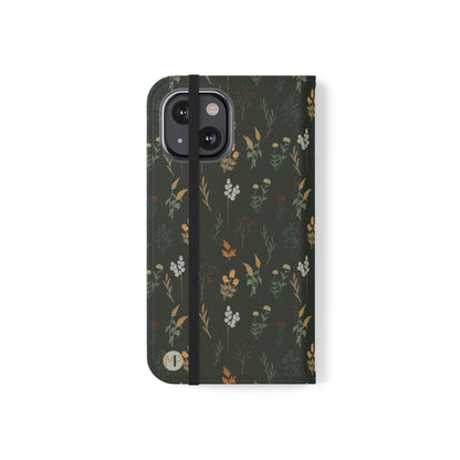 Botanical Floral Flip Phone Case — Dark Green Wallet Cover