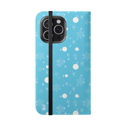 Snowflake Blue Flip Phone Case — Winter Pattern Wallet Case with Card Slots