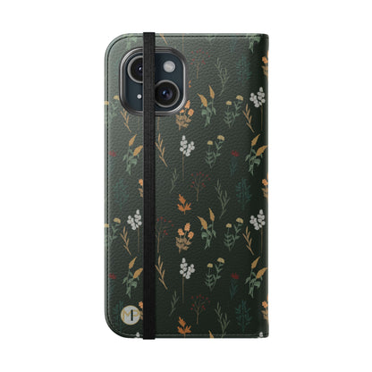 Botanical Floral Flip Phone Case — Dark Green Wallet Cover