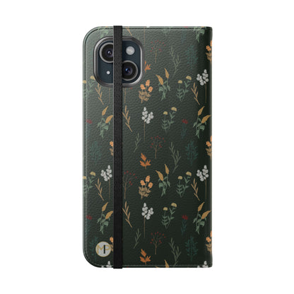 Botanical Floral Flip Phone Case — Dark Green Wallet Cover