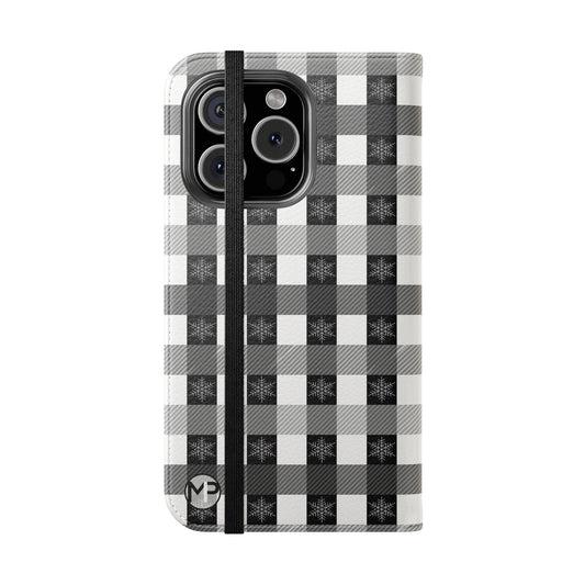 Buffalo Plaid Winter Flip Phone Case – Black & Gray Checkered Wallet Cover