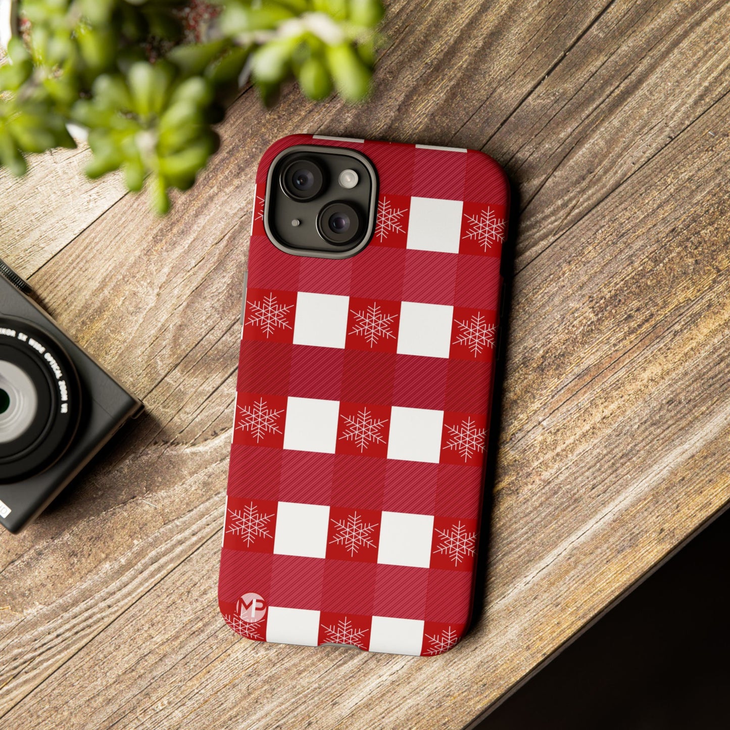 Holiday Red Buffalo Plaid Tough Phone Case — Snowflake Pattern