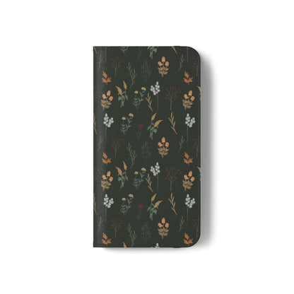 Botanical Floral Flip Phone Case — Dark Green Wallet Cover