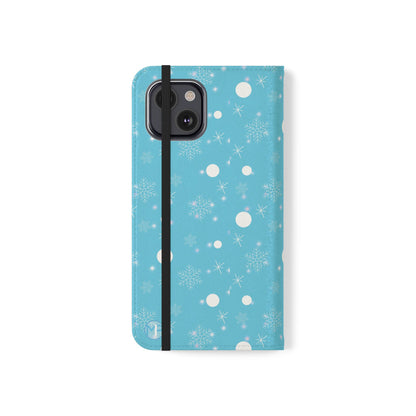 Snowflake Blue Flip Phone Case — Winter Pattern Wallet Case with Card Slots