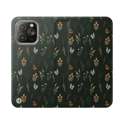 Botanical Floral Flip Phone Case — Dark Green Wallet Cover