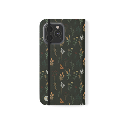 Botanical Floral Flip Phone Case — Dark Green Wallet Cover