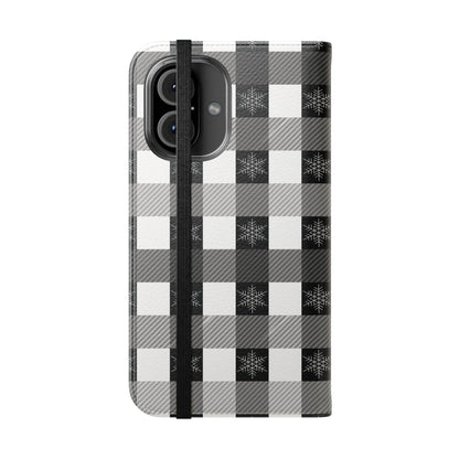Black Buffalo Check Flip Phone Case — Plaid Wallet Flip Case with Card Slots