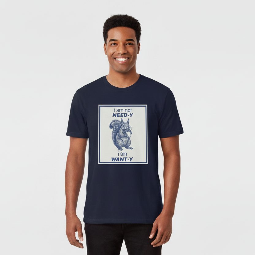 T‑Shirt — "I am not NEED‑Y, I am WANT‑Y" Squirrel Graphic Tee