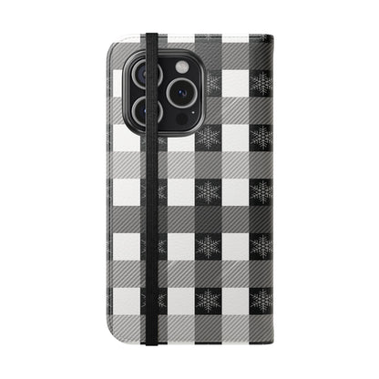 Black Buffalo Check Flip Phone Case — Plaid Wallet Flip Case with Card Slots