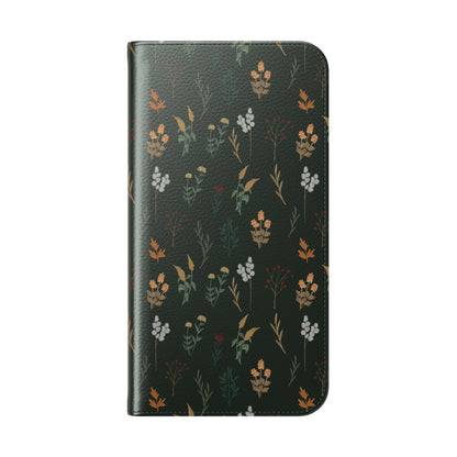 Botanical Floral Flip Phone Case — Dark Green Wallet Cover