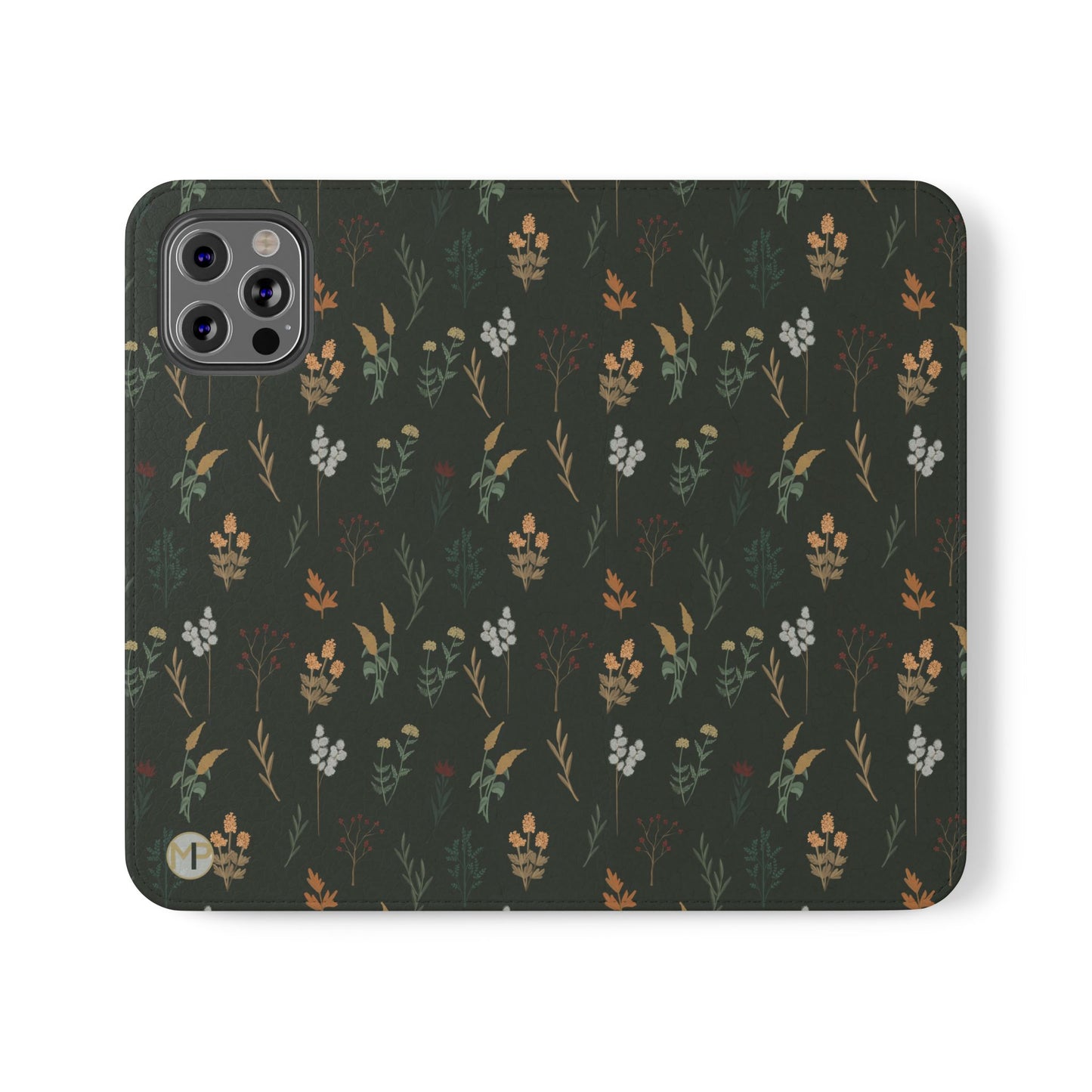 Botanical Floral Flip Phone Case — Dark Green Wallet Cover