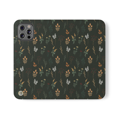 Botanical Floral Flip Phone Case — Dark Green Wallet Cover