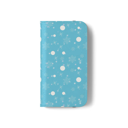 Snowflake Blue Flip Phone Case — Winter Pattern Wallet Case with Card Slots