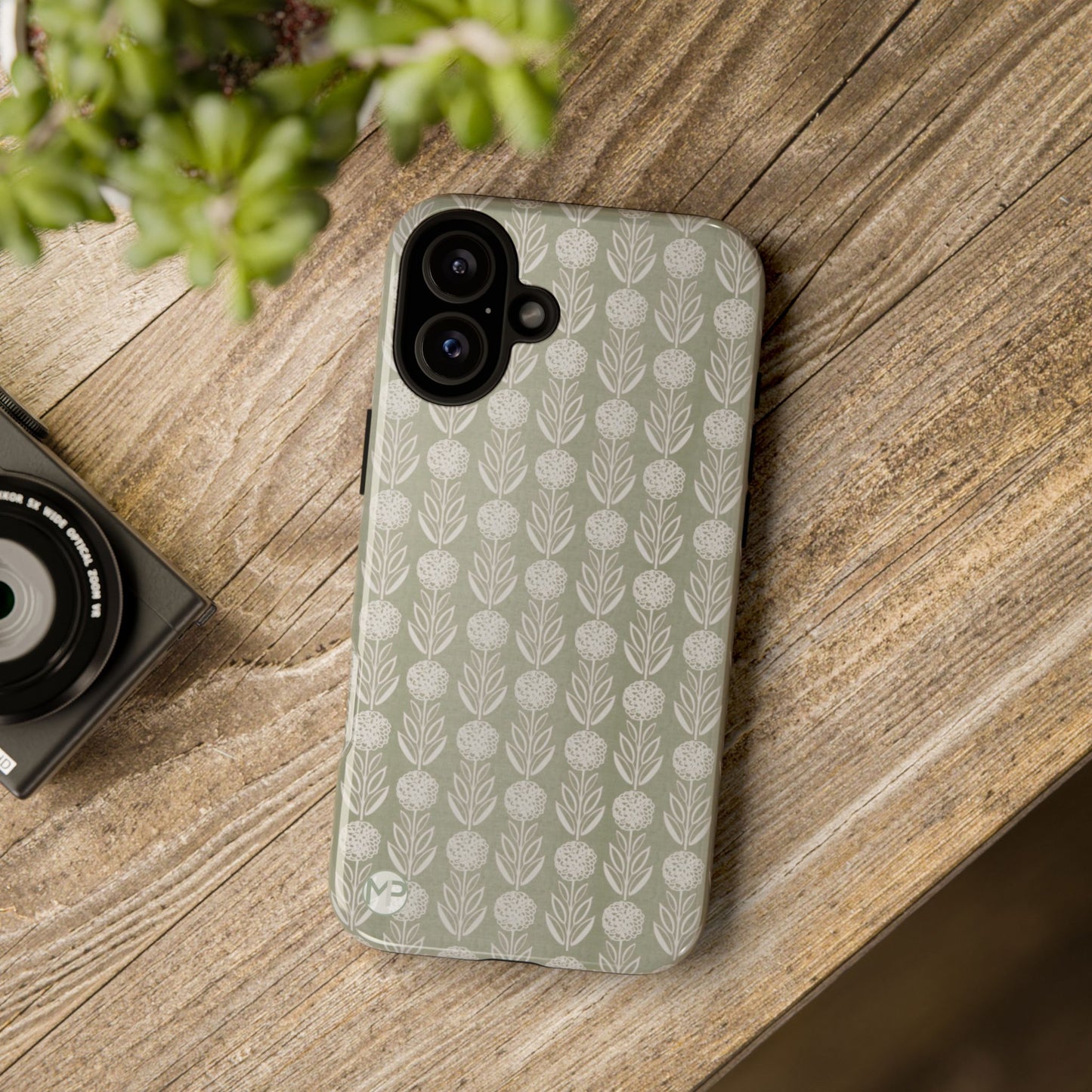 Sage Floral Stripe Tough Phone Case – Neutral Botanical Protective Cover