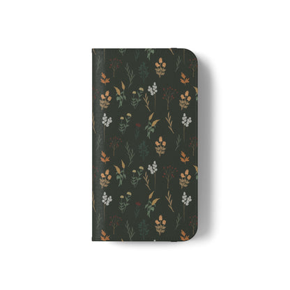 Botanical Floral Flip Phone Case — Dark Green Wallet Cover