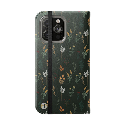 Botanical Floral Flip Phone Case — Dark Green Wallet Cover
