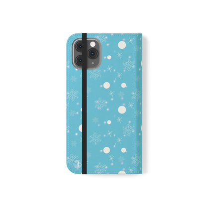 Snowflake Blue Flip Phone Case — Winter Pattern Wallet Case with Card Slots