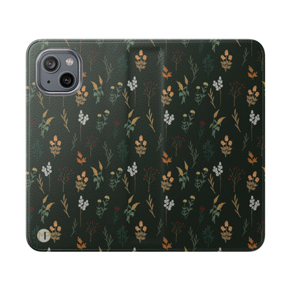 Botanical Floral Flip Phone Case — Dark Green Wallet Cover