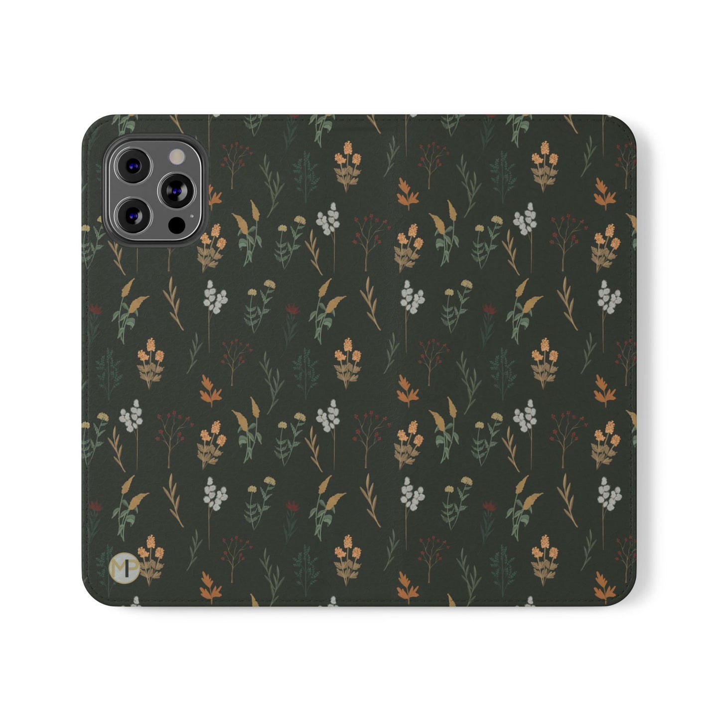 Botanical Floral Flip Phone Case — Dark Green Wallet Cover