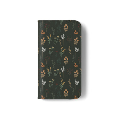 Botanical Floral Flip Phone Case — Dark Green Wallet Cover