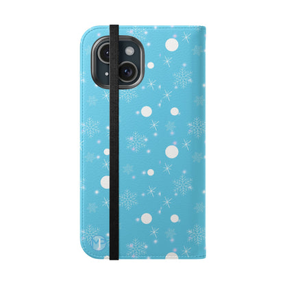 Snowflake Blue Flip Phone Case — Winter Pattern Wallet Case with Card Slots