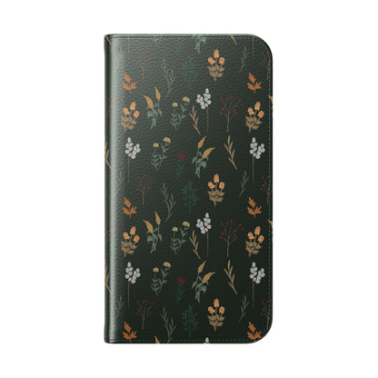Botanical Floral Flip Phone Case — Dark Green Wallet Cover