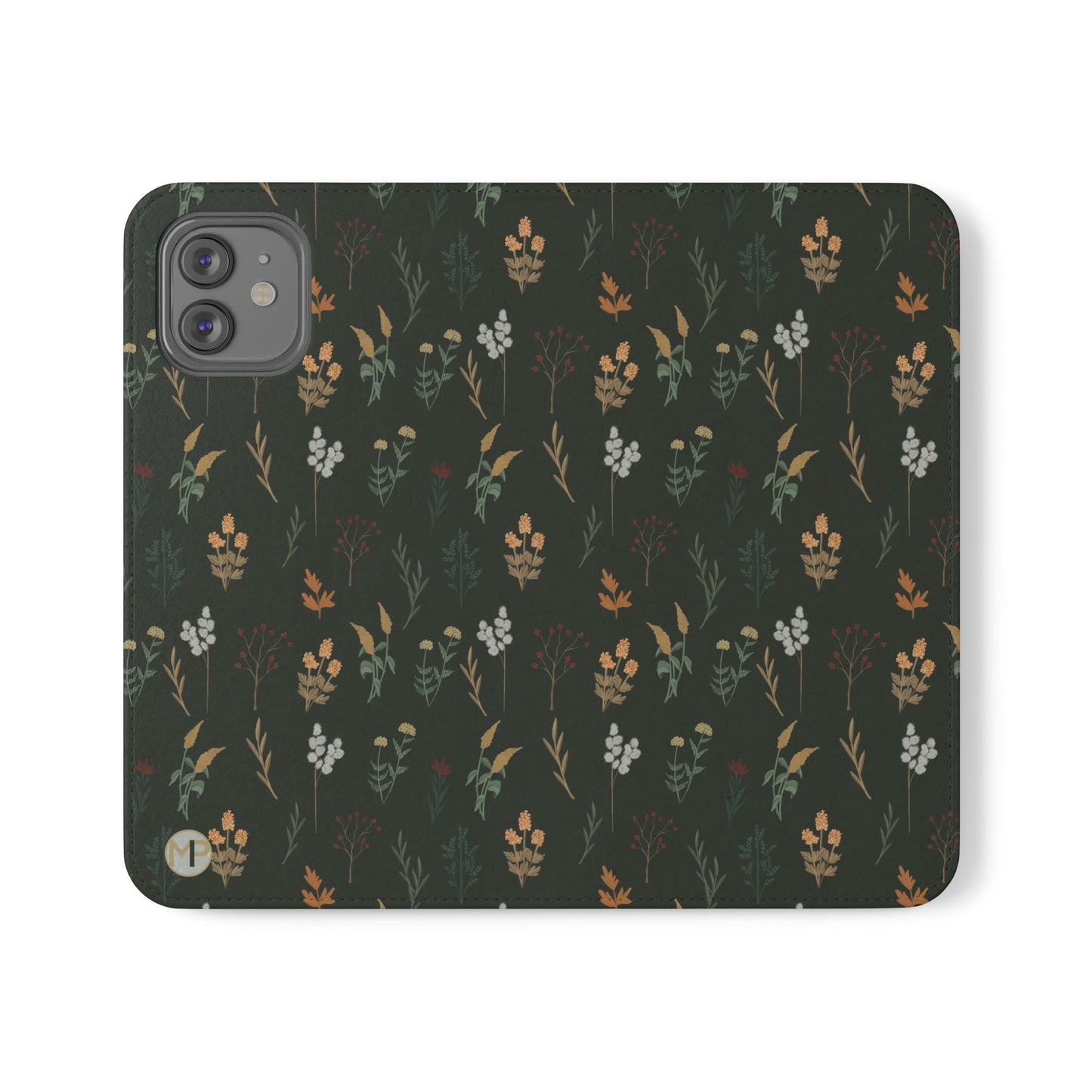 Botanical Floral Flip Phone Case — Dark Green Wallet Cover