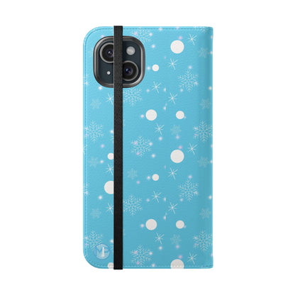Snowflake Blue Flip Phone Case — Winter Pattern Wallet Case with Card Slots