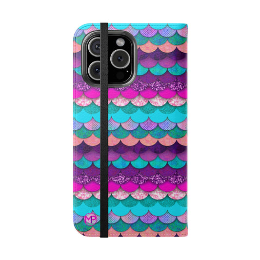 Mermaid Scale Flip Phone Case — Teal & Magenta Patterned Wallet Cover