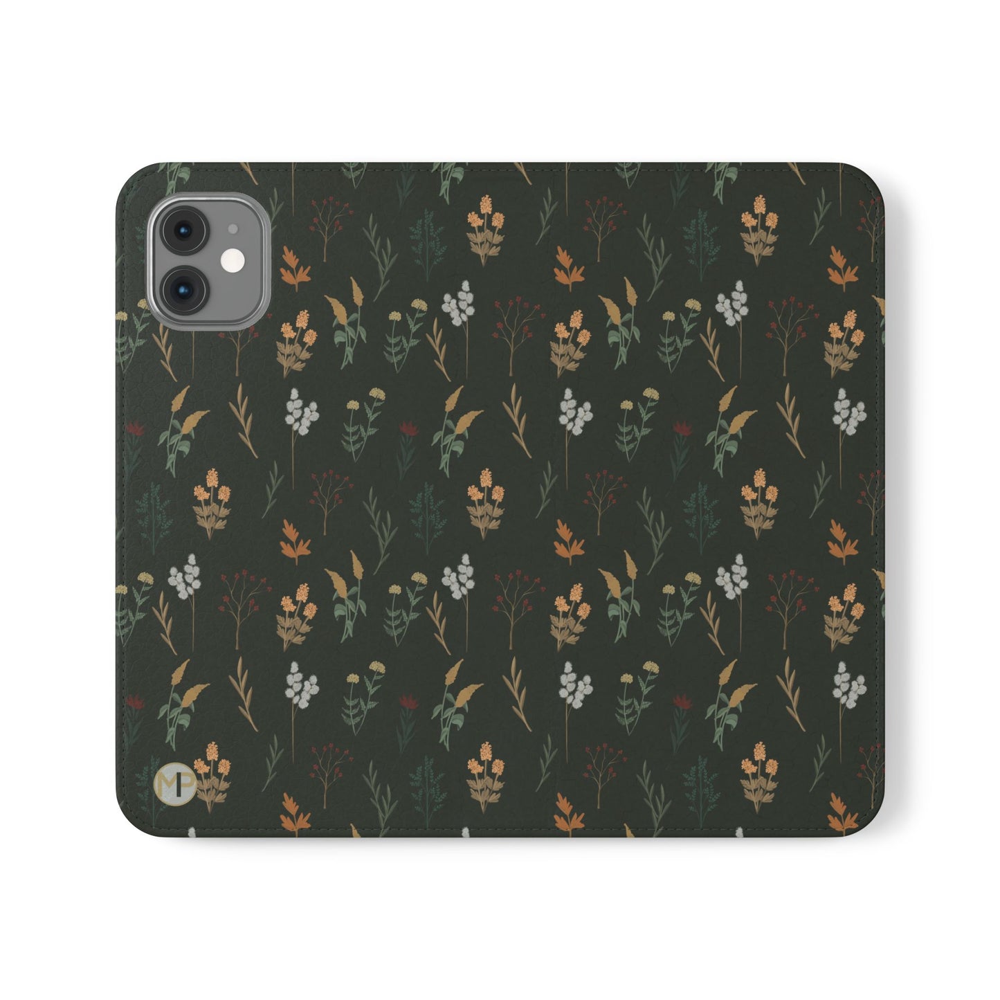 Botanical Floral Flip Phone Case — Dark Green Wallet Cover