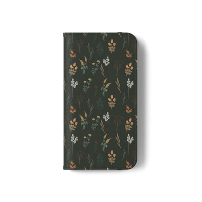 Botanical Floral Flip Phone Case — Dark Green Wallet Cover