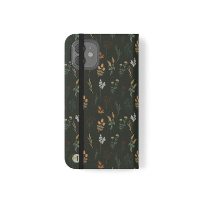Botanical Floral Flip Phone Case — Dark Green Wallet Cover