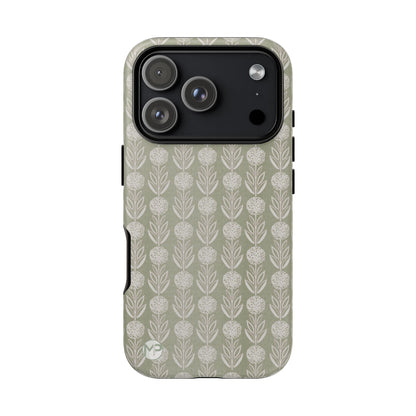 Sage Floral Stripe Tough Phone Case – Neutral Botanical Protective Cover