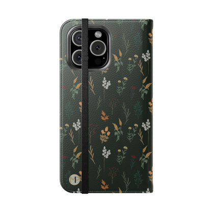 Botanical Floral Flip Phone Case — Dark Green Wallet Cover