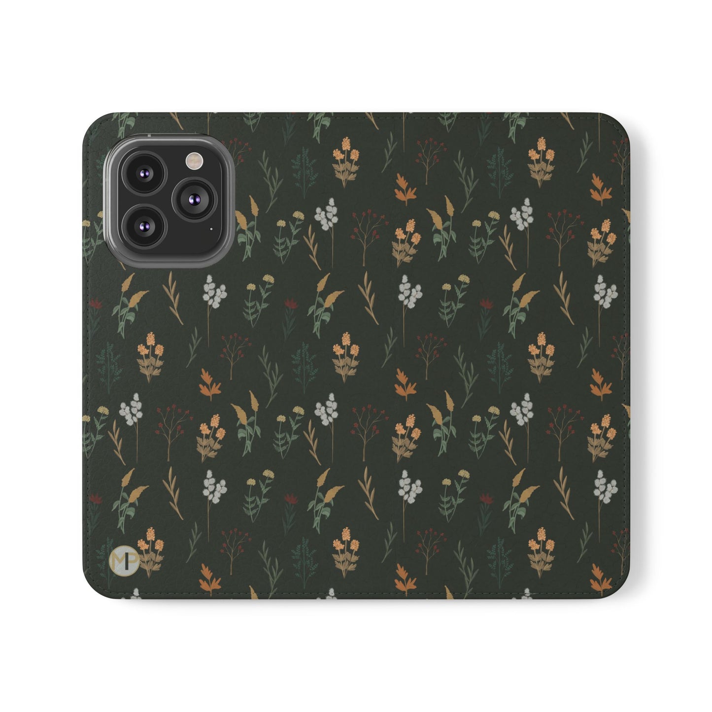 Botanical Floral Flip Phone Case — Dark Green Wallet Cover