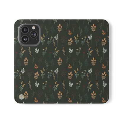Botanical Floral Flip Phone Case — Dark Green Wallet Cover