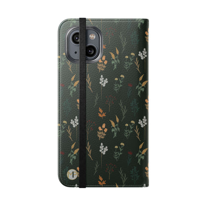 Botanical Floral Flip Phone Case — Dark Green Wallet Cover