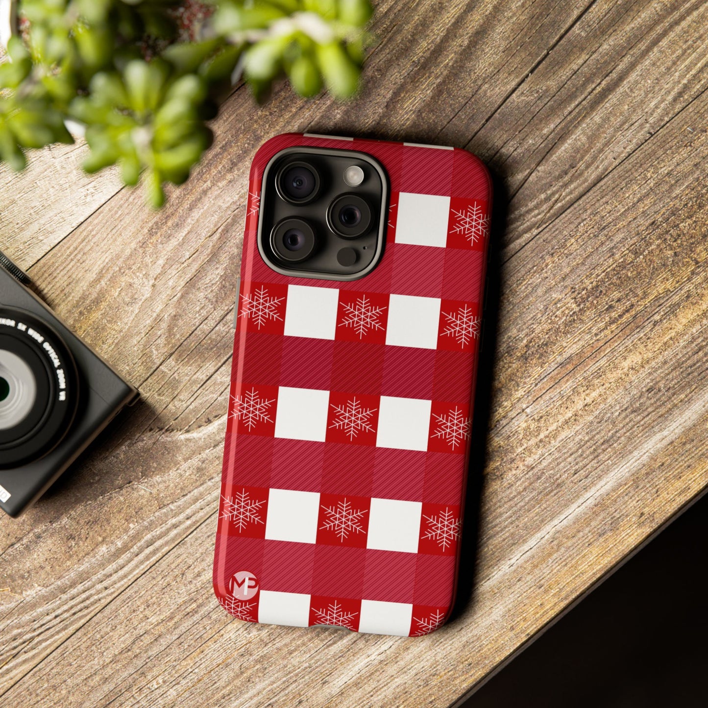 Holiday Red Buffalo Plaid Tough Phone Case — Snowflake Pattern