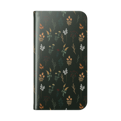 Botanical Floral Flip Phone Case — Dark Green Wallet Cover