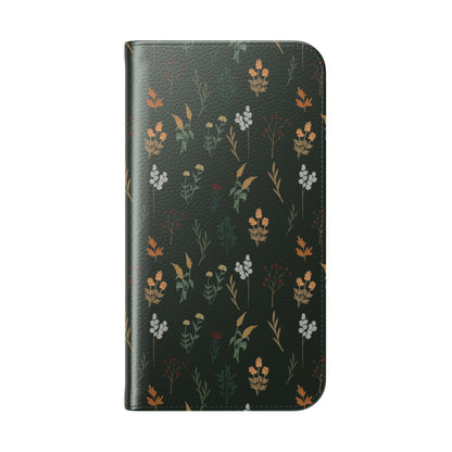 Botanical Floral Flip Phone Case — Dark Green Wallet Cover